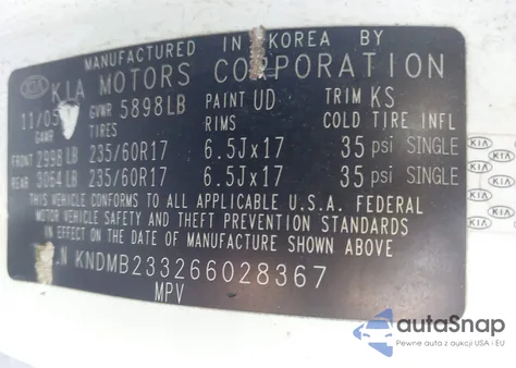 2006 Kia Sedona Ex/Lx из США, поврежденный, VIN KNDMB233266028367